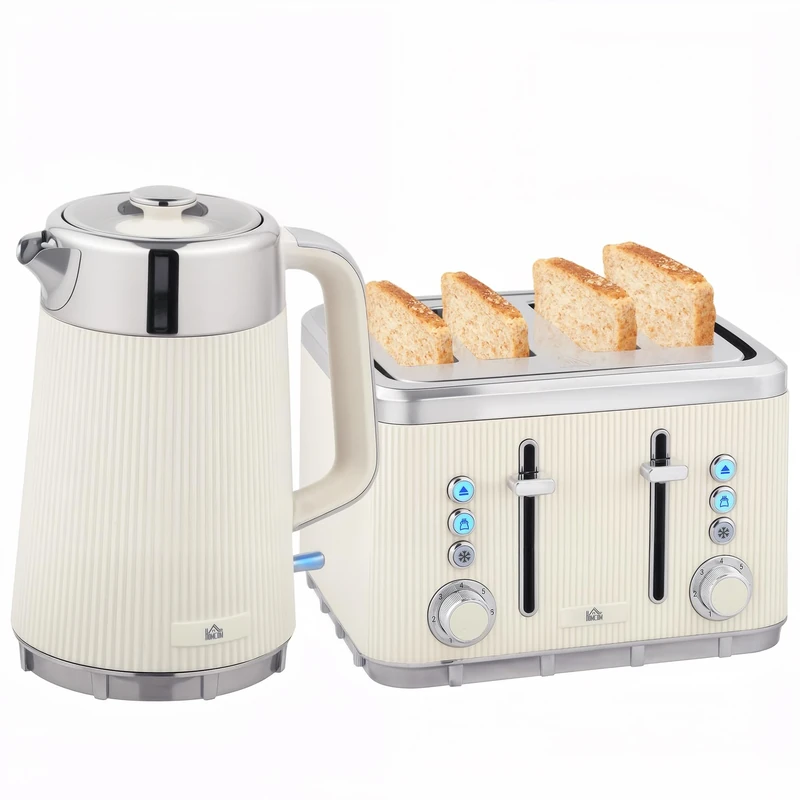 HOMCOM Electric Stainless Steel Kettle and Toaster Set, 3000W 1.7L UK Strix Thermostat Fast Boil Kettle w/Limescale Filter, Cool Touch Body, 4 Slice Toaster with 7 Browning Levels, Crumb Tray, Cream