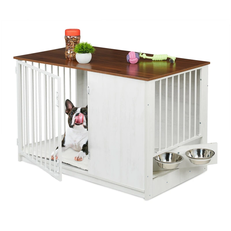 Relaxdays Dog Crate, Indoor Kennel, 65.5x102x60 cm, Cage with 2 Swivelling Bowls, MDF & Steel, Wood Look, White/Brown