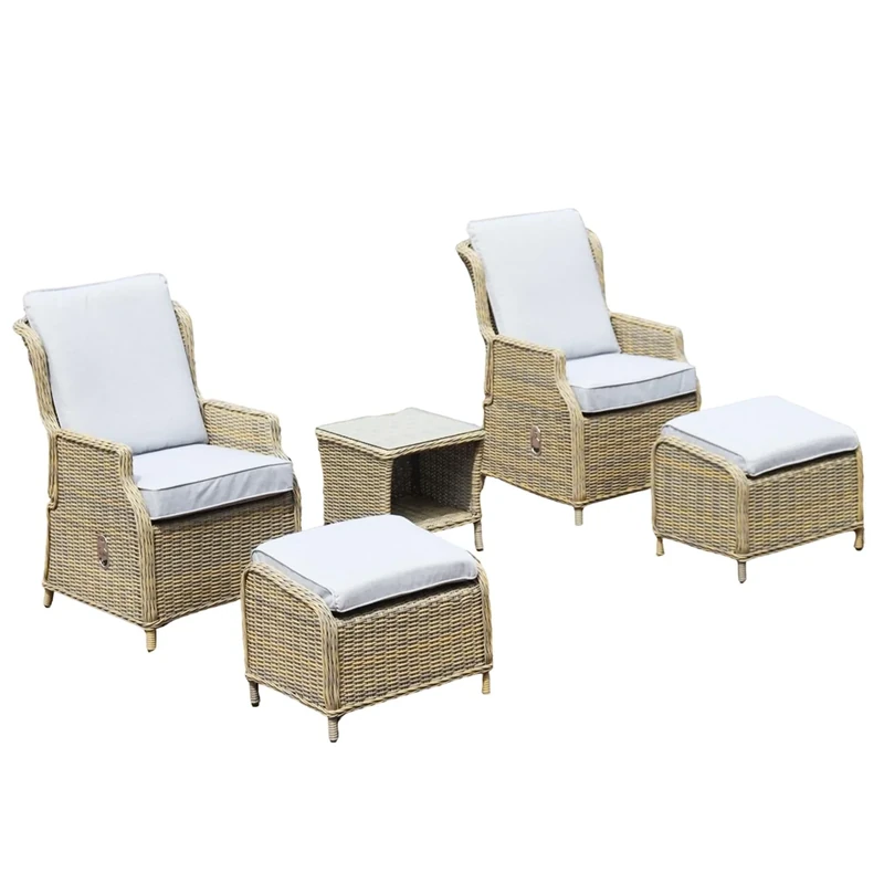 SHATCHI Monte Carlo Luxury 5 Piece Rattan Garden Furniture Set Aluminium Recliner Sofa Chairs, Glass Top Coffee Table, Footstools, Cushions for Outdoor Patio Lounge Conservatory Balcony