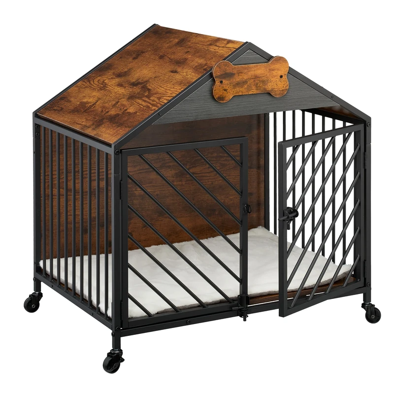 Relaxdays Dog Cage for Home, Industrial, HWD 73x70x53 cm, Dog Furniture with Wheels, Kennel, MDF, Steel, Brown/Black