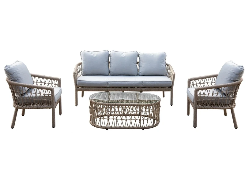 SHATCHI Capri Premium 5 Seater Aluminium Garden Furniture Set Natural Woven Rattan 4 Pieces - Sofa, Glass Top Coffee Table, Chairs, Cushions for Outdoor Patio Lounge Conservatory Balcony