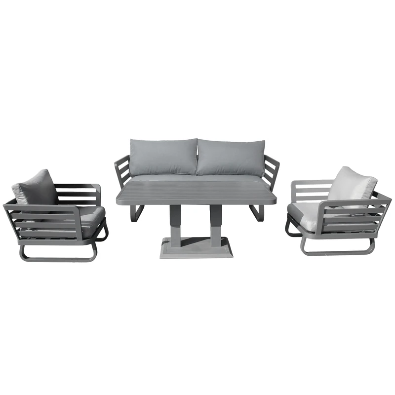 Cannes 4 Seater Aluminium Sofa Set 4 Pieces Outdoor Garden Furniture - Rising Dining Table, Loveseats Sofa, Chairs, Cushions for Patio Lounge Conservatory Balcony