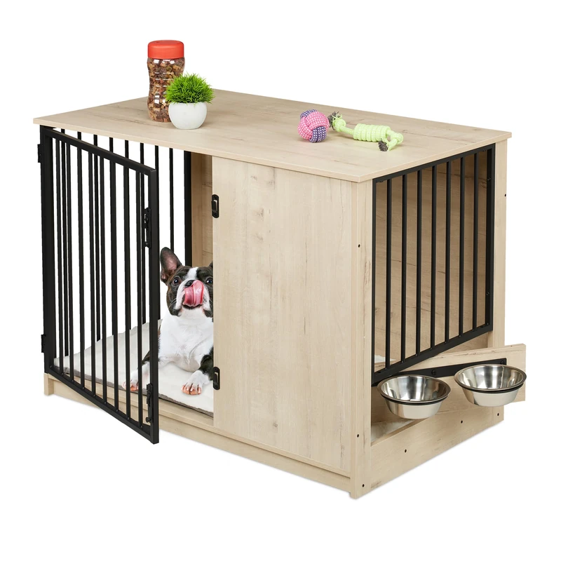 Relaxdays Dog Crate, Indoor Kennel, 65.5x102x60 cm, Cage with 2 Swivelling Bowls, MDF & Steel, Wood Look, Grey/Black, 50% fibreboard 30% 20% Stainless Steel