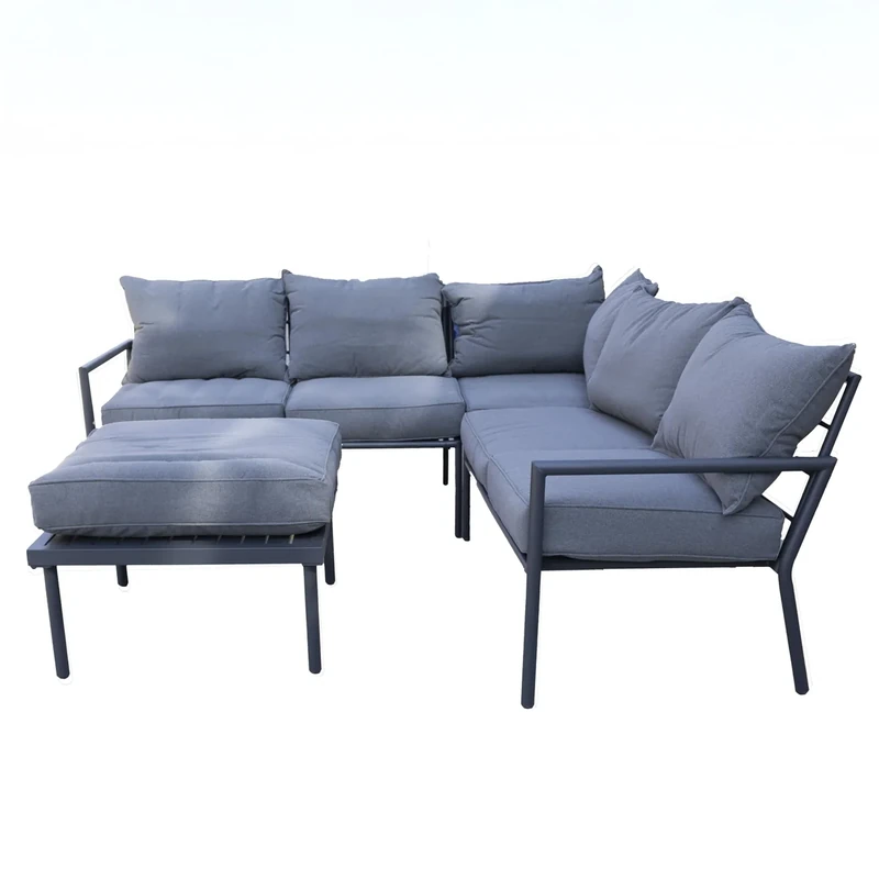Marseilles 5 Seater Corner Sofa Set Metal Garden Furniture 4 Pieces Loveseats, Cushions, Ottomon Table for Outdoor Patio Lounge Conservatory Balcony