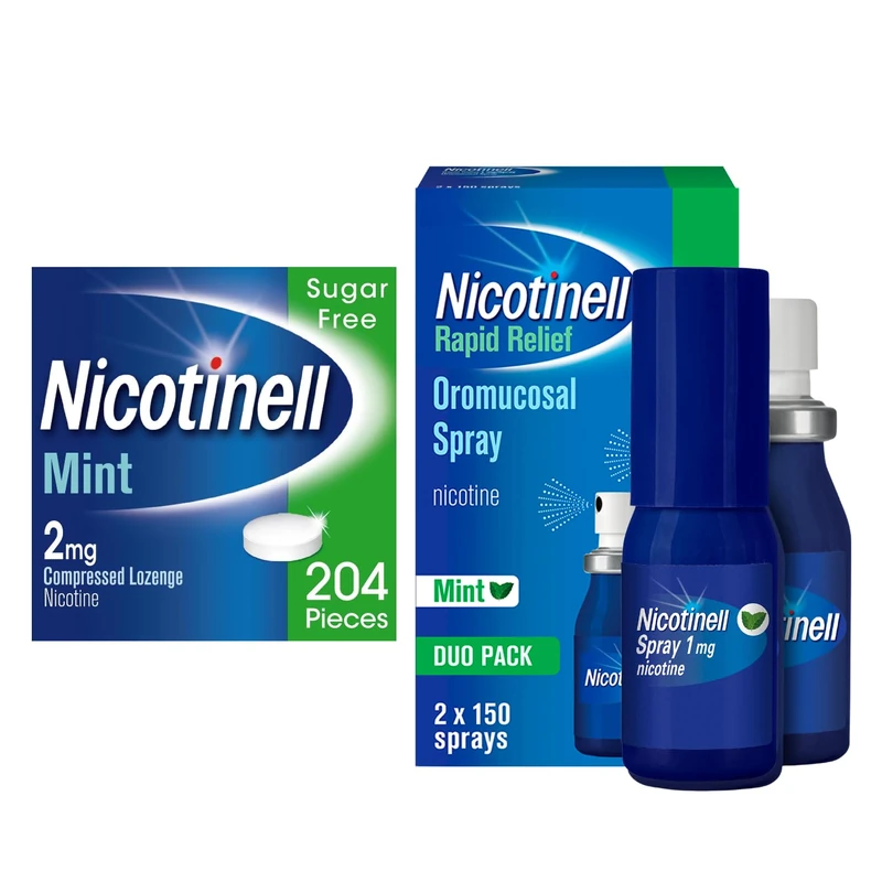 Nicotinell Dual Support Bundle: Nicotinell Lozenge 2mg (204 Lozenges) + Nicotinell Nicotine Mouth Spray 1mg (2x150 Sprays), Fast Craving Relief, Quit Vaping & Stop Smoking Aid, Fresh Mint Flavour