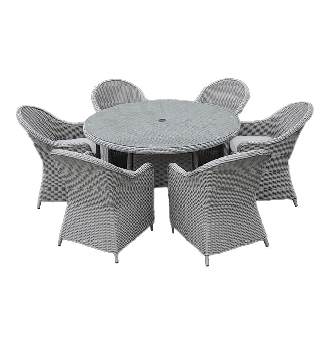SHATCHI Sorrento Premium 7 Pieces Aluminium Rattan Dining Set 6 Seater, 6 Chairs with Cushions, Glass Top Dining Table Garden Lounge Balcony Dine Furniture, Light Grey