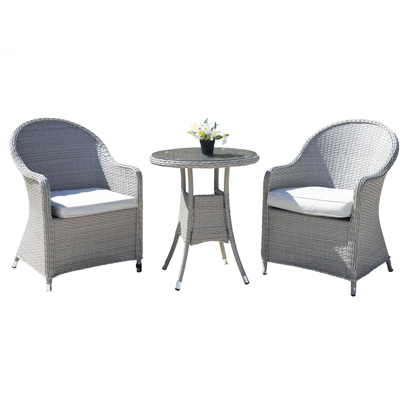 SHATCHI Sorrento Premium 3 Pieces Aluminium Rattan Bistro Set 2 Seater, 2 Chairs with Cushions, Glass Top Table Outdoor Garden Lounge Balcony Patio Compact Furniture, Light Grey