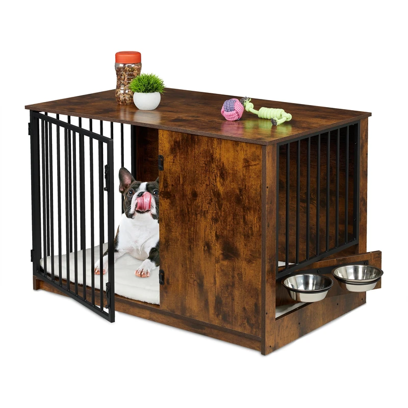 Relaxdays Dog Crate, Indoor Kennel, 65.5x102x60 cm, Cage with 2 Swivelling Bowls, MDF & Steel, Wood Look, Brown/Black