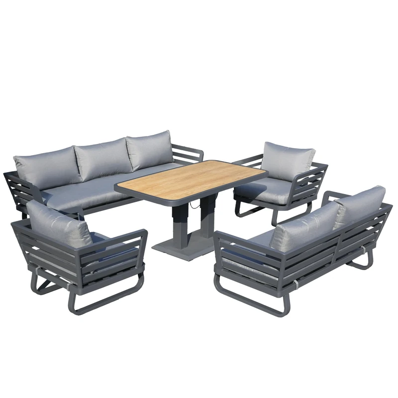 SHATCHI Cannes Grand 7 Seater Aluminium Sofa Set 5 Pieces Outdoor Garden Furniture - Rising Dining Table with Ceramic Glass Top, Sofa, Chairs, Cushions for Patio Lounge Conservatory Balcony