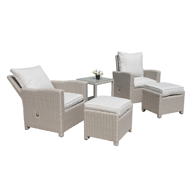 SHATCHI Sorrento Luxury 5 Piece Rattan Garden Furniture Set Aluminium Recliner Sofa Chairs, Glass Top Coffee Table, Footstools, Cushions for Outdoor Patio Lounge Conservatory Balcony