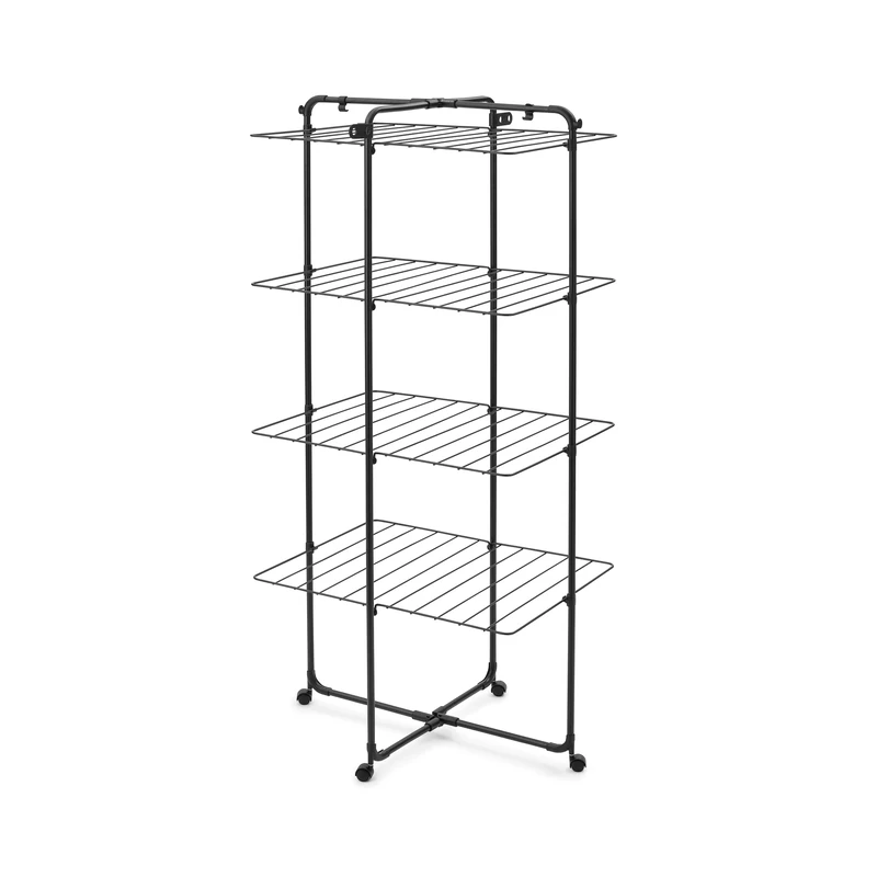 Brabantia HangOn Tower Drying Rack, 30m (Matt Black), Tall Foldable Clothes Rack, Space-Saving Laundry Drying Stand with Wheels and Hooks