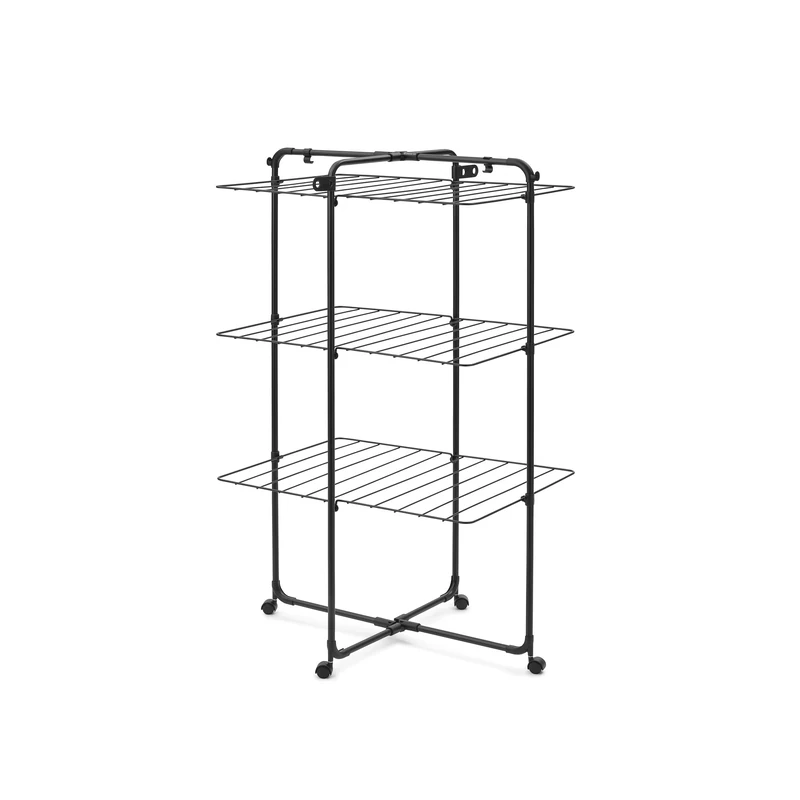 Brabantia HangOn Tower Drying Rack, 23m (Matt Black), Tall Foldable Clothes Rack, Space-Saving Laundry Drying Stand with Wheels and Hooks