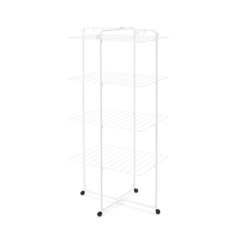 Brabantia HangOn Tower Drying Rack, 30m (White), Tall Foldable Clothes Rack, Space-Saving Laundry Drying Stand with Wheels and Hooks