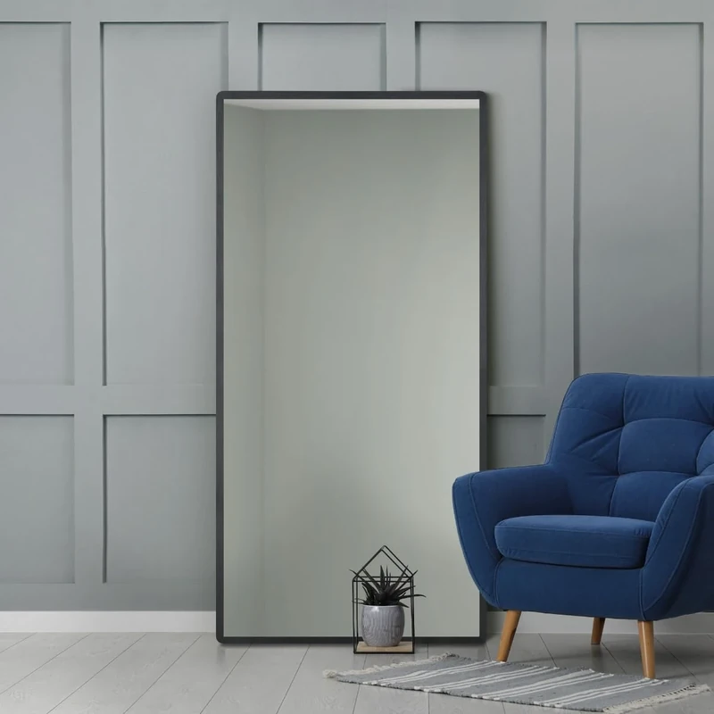 MirrorOutlet The Naturalis - Solid Black Oak Rounded Corner Modern Leaner Wall Mirror 67" X 33" (170CM X 85CM) 48m deep frame Premium Mirror Glass with Black Backing. Scandinavian Inspired!