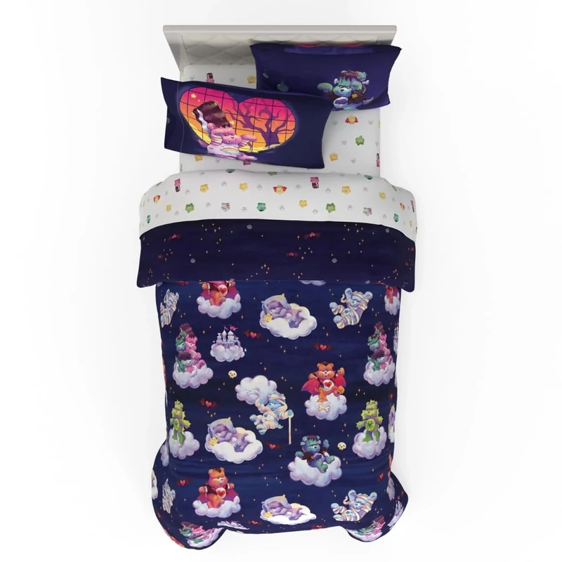 Franco Comforter and Sheet Set, Microfiber, Care Bears X Universal Monsters, 5 Piece Twin Size
