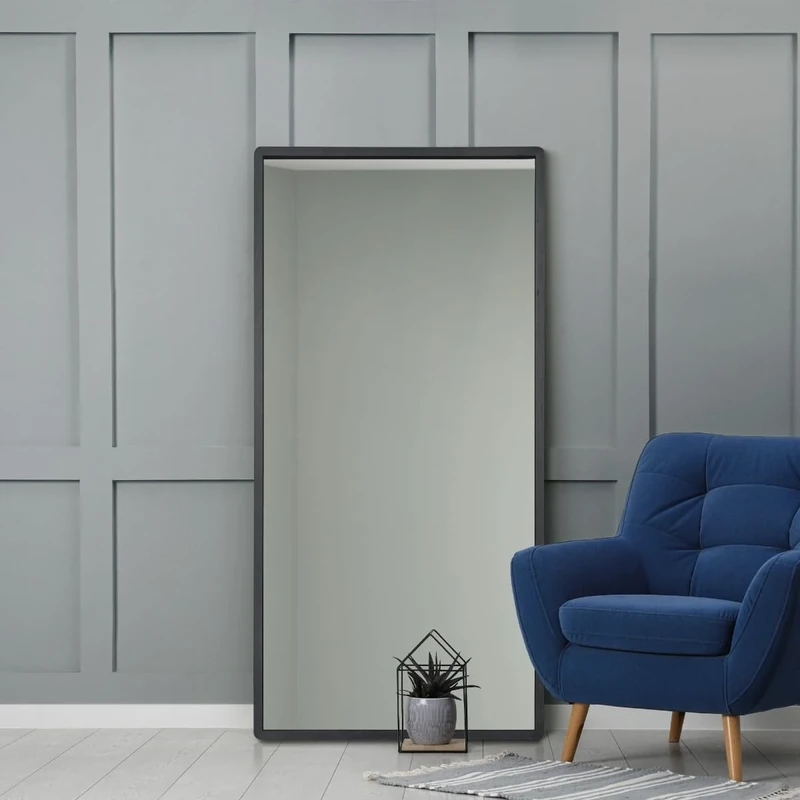 MirrorOutlet The Naturalis - Solid Black Oak Rounded Corners Modern Leaner Wall Mirror 63" X 31" (160CM X 80CM) 48m deep frame Premium Mirror Glass with Black Backing. Scandinavian Inspired!