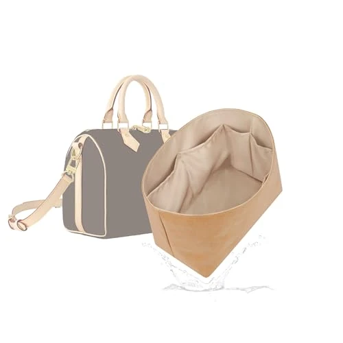 19 NeatThin Tote Bag Organiser, Waterproof Dupontpaper Surface and Silky Satin Lining, Lightweight Purse Insert Compatible with LV Speedy 20(Speedy 20, Chai)