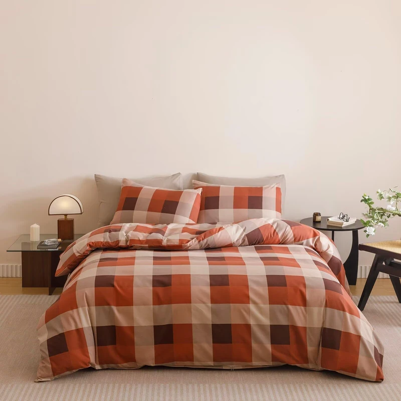 Houseri Red Plaid Comforter Set Queen Vintage Grid Bedding Sets