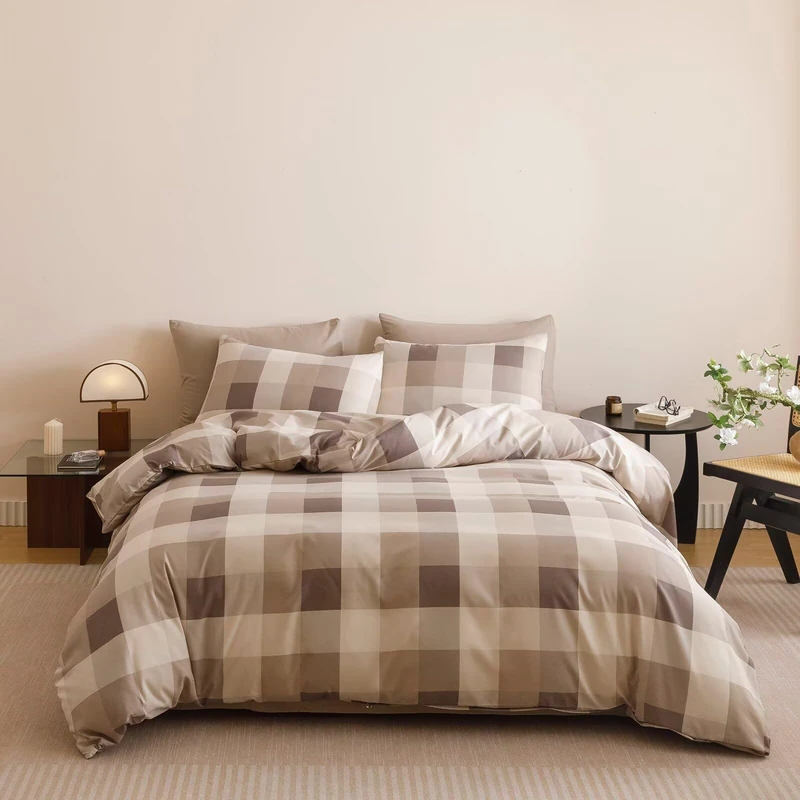 Houseri Coffee Color Plaid Comforter Set Queen Vintage Grid Bedding Sets