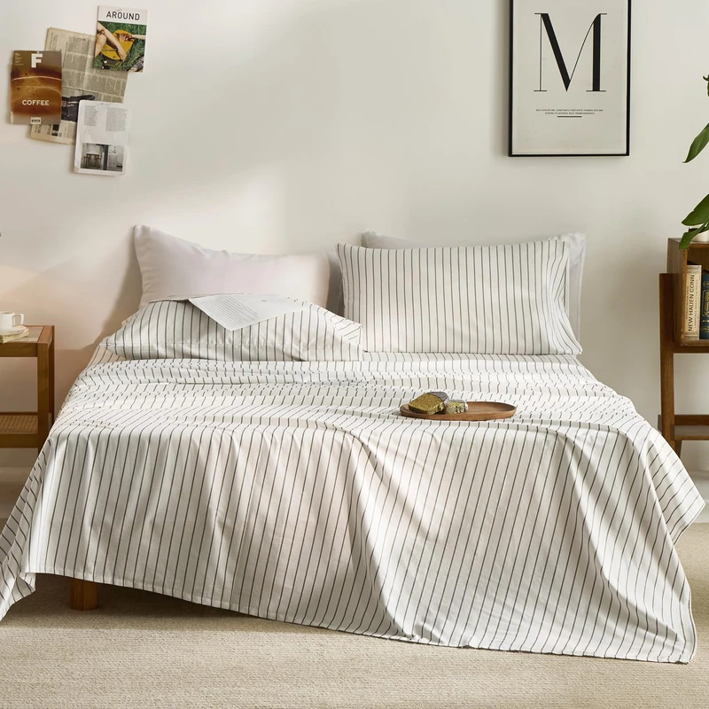 JELLYMONI 100% Cotton Sheet Set, Gray Vertical Stripe, King