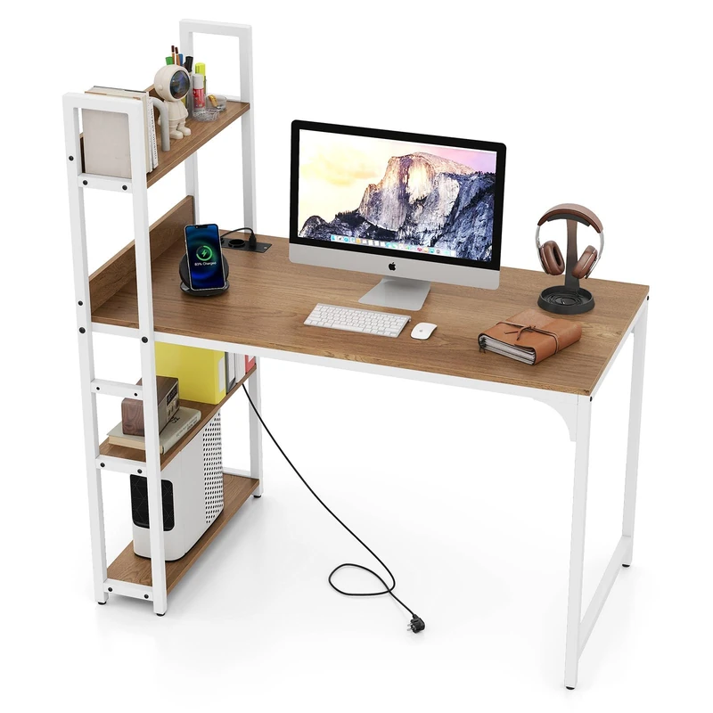 FANTASK Computer Desk with Charging Station, 120 x 65 cm Desk with Metal Frame & Open Bookcase, Wooden PC Table Work Table with USB & Sockets for Living Room, Office (Natural) - Image 1