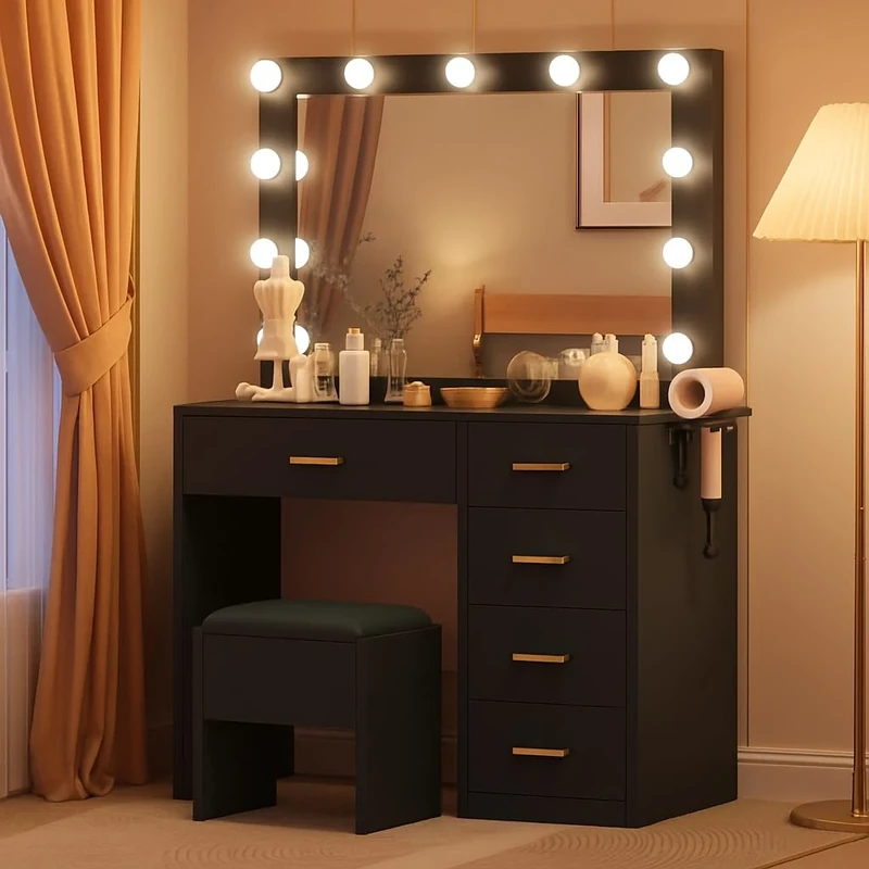 DWVO Vanity Table and Stool with LED Bulb Mirror, Dressing Table with Adjustable Lighting, 4-Drawer Storage, Hair Dryer Rack & Built-in Plug Socket, Dressing Table for Bedroom, Black