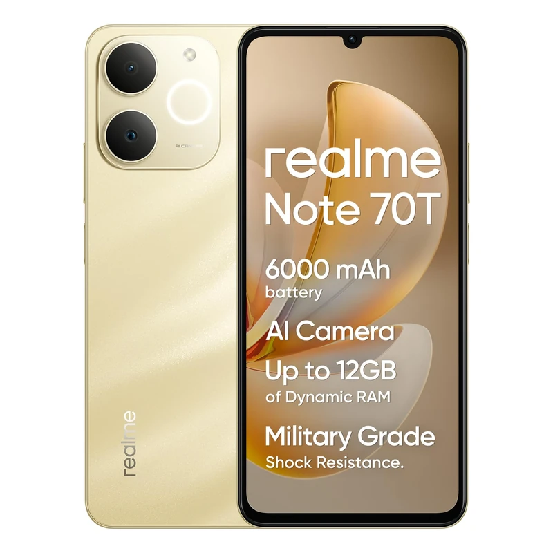 realme Note70T Unlocked Android Mobile Phone 4+64GB Octa-Core Smartphone, 15W PD 6000mAH Battery, Android 15 Dual SIM-FREE 4GB RAM, 6.75‘ Display, AI Features & AI Camera 2Years Warranty, Beach Gold.