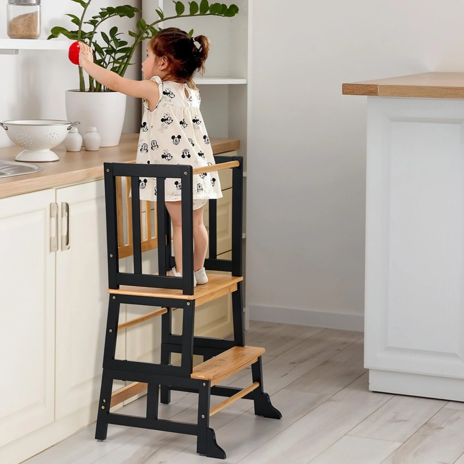 COSYLAND Toddler Kitchen Step Stool With Anti-Tip Blocks - Nursery Standing Tower For Kitchen Counter Bathroom Sink - Kids Learning Stool With Removable Side Guardrails (Black&Natural)
