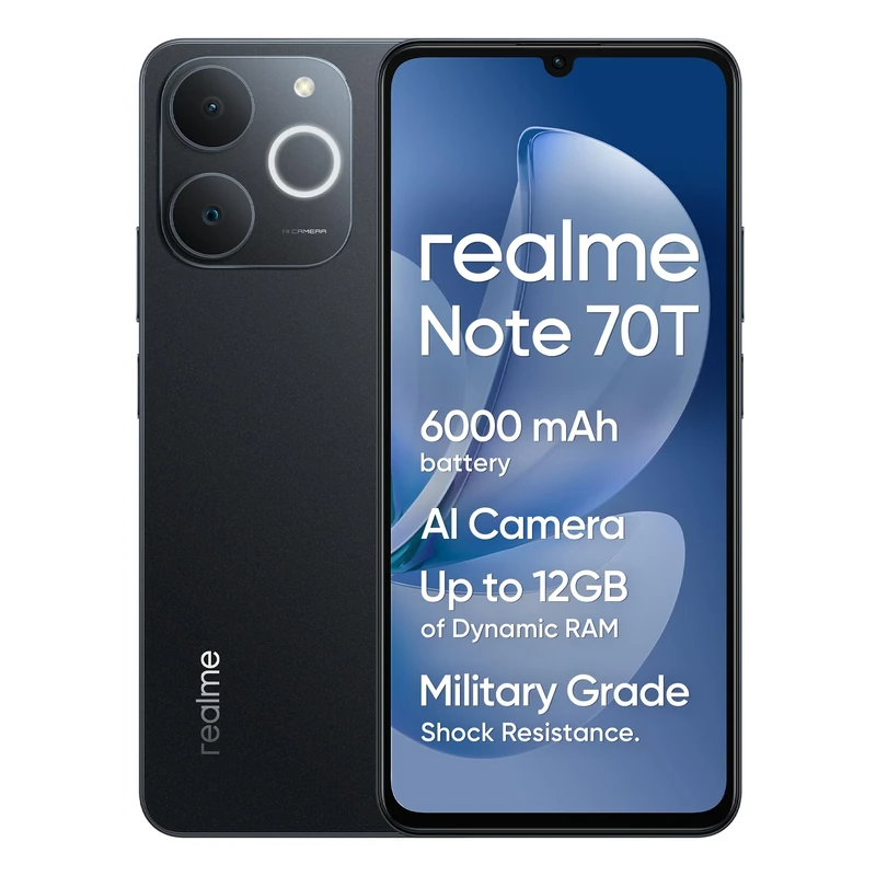 realme Note70T Unlocked Android Mobile Phone 4+64GB Octa-Core Smartphone, 15W PD 6000mAH Battery, Android 15 Dual SIM-FREE 4GB RAM, 6.75‘ Display, AI Features & AI Camera 2Years Warranty, Black