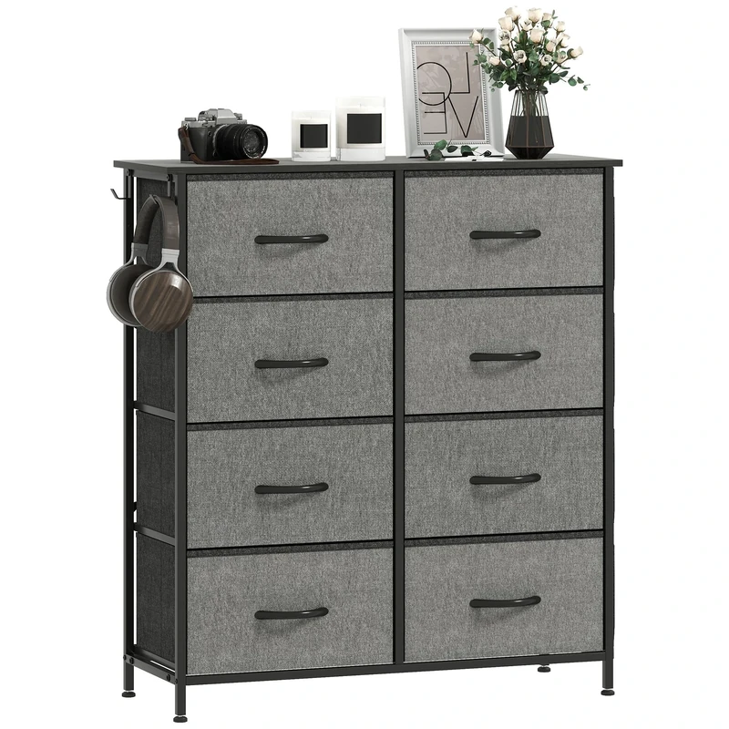 HOMCOM Chest of Drawers, Double Dresser for Bedroom with 8 Fabric Drawers, Tall Storage Unit with 4 Pockets, 2 Hooks and Steel Frame for Living Room, Hallway, Charcoal Grey