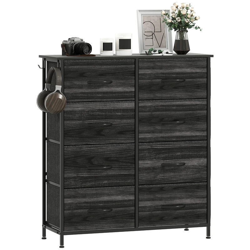 HOMCOM Chest of Drawers, Double Dresser for Bedroom with 8 Fabric Drawers, Tall Storage Unit with 4 Pockets, 2 Hooks and Steel Frame for Living Room, Hallway, Black