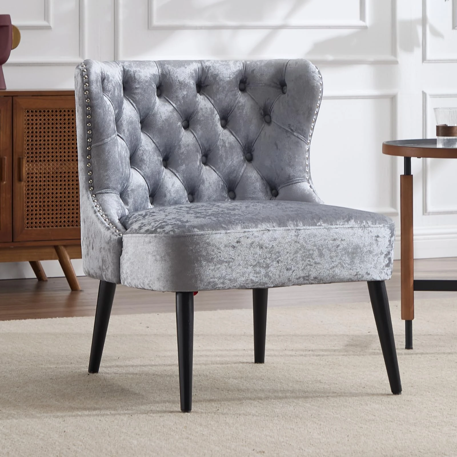 chairus Mid Century Accent Chair Velvet Occasional Longue Chair with Wooden Legs Upholstered Single Chair for Living Room (Gray)