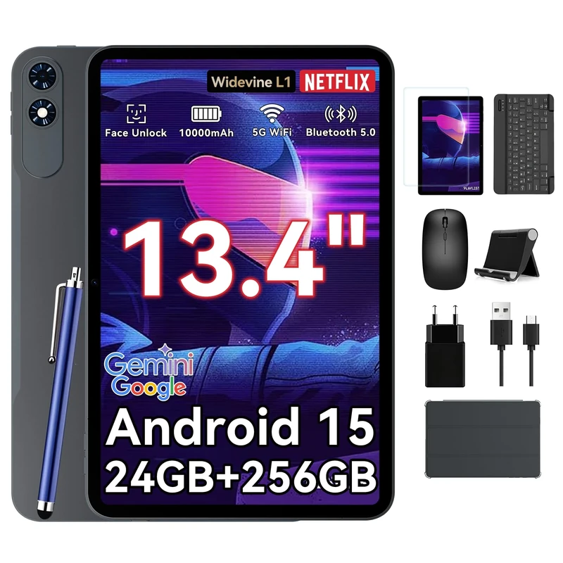 13 Inch Large Screen Tablets,Android 15 Tablet With Gemini AI,24GB RAM+256GB ROM,120Hz,Octa-Core,10000mAh Fast Charge, WiFi,Android Tablets with keyboard And Pen Gaming Office Suite-4-Year warranty