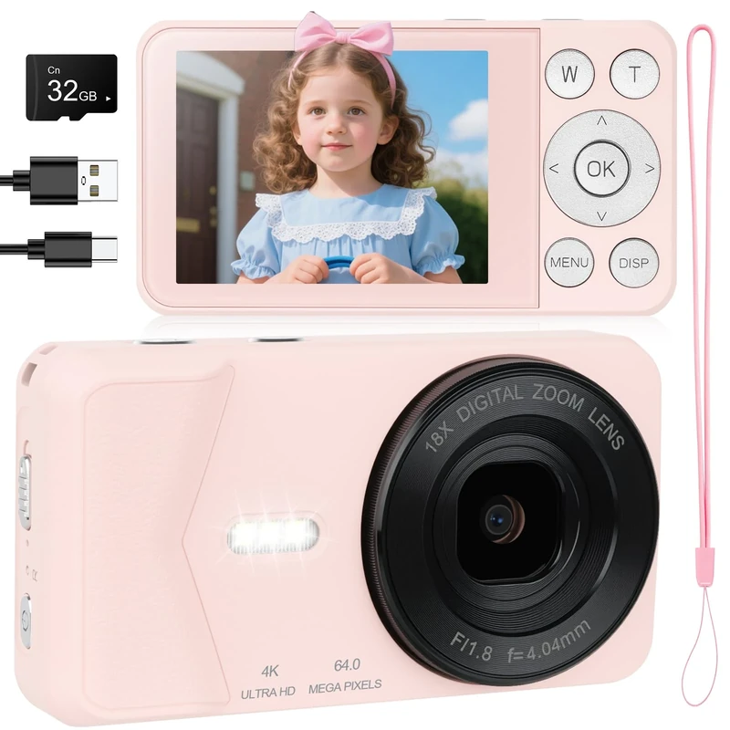4K Digital Camera - 64MP 2.8" UHD Compact Cameras - Autofocus Rechargeable Vlogging Camera with 32G SD Card Portable Travel Mini Small Camera with 18X Digital Zoom for Kids Beginners Teenagers (Pink)