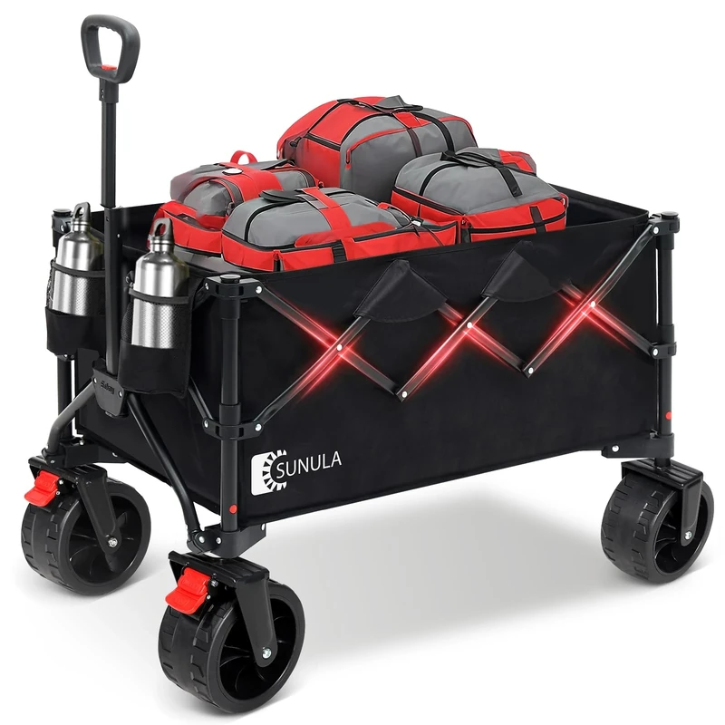 Sunula 440LBS Festival Trolley with All-Terrain Wide Wheels and Brake, 250L Heavy Duty Folding Camping Wagon, Patented 4-Way Folding, One-Click Adjustable Handle, Pull-Along Beach Cart - Black