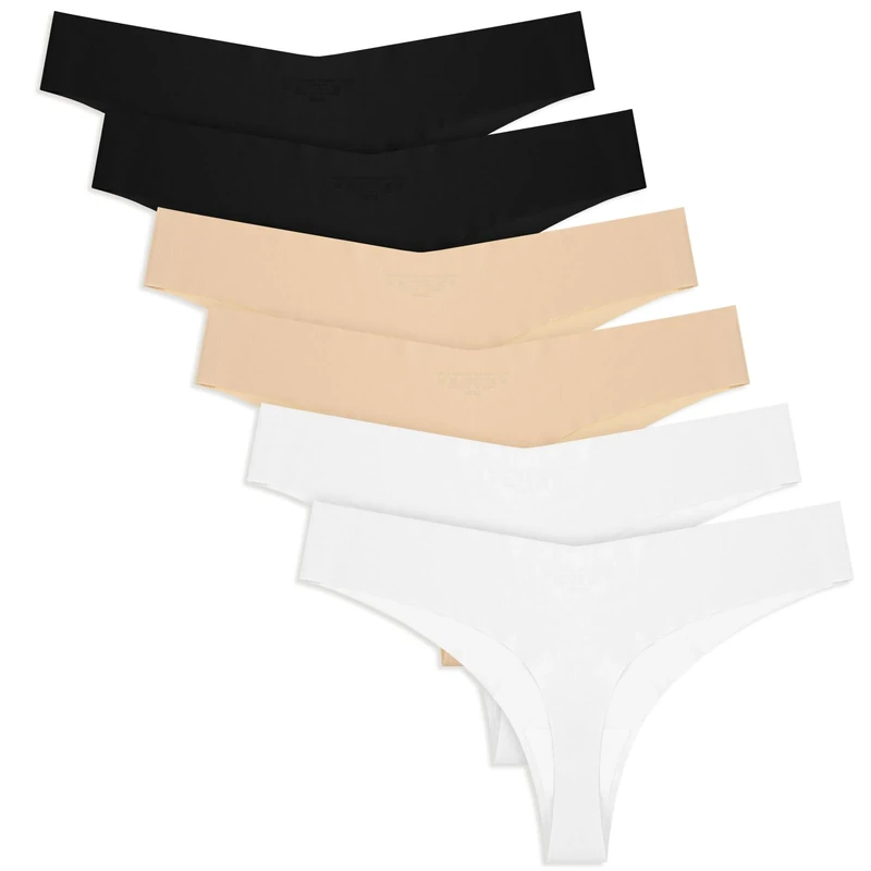 6 Pack Women's Seamless Thongs No Show Ladies Thong Underwear Breathable Thong Panties for Women (M, Black/White/Apricot Skin)