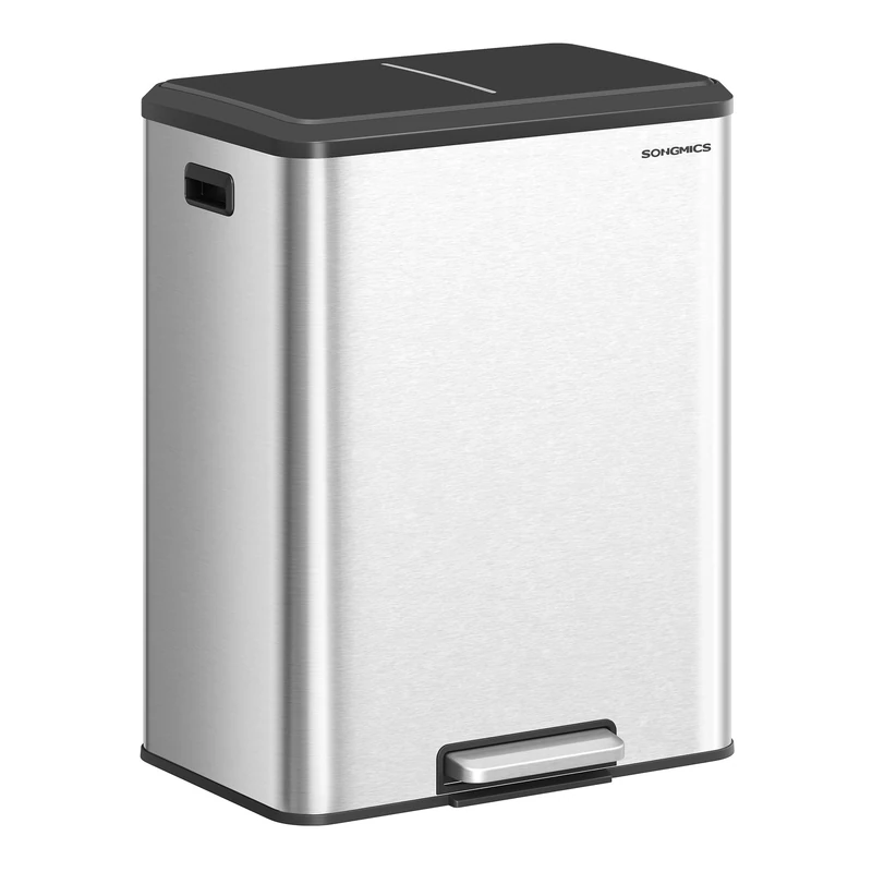 SONGMICS Kitchen Bin, 2 x 8 Gal. (2 x 30 L) Double Rubbish Bin for Recycling and Waste, Inner Buckets, Stainless Steel, Soft-Close Lid, Wide Sturdy Pedal, Metallic Silver LTB556E01