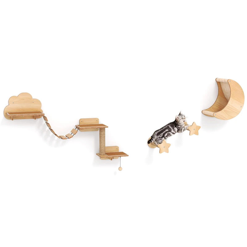 GYMAX 6PCS Wall Mounted Cat Tree, Cat Wall Shelves with Hammock, Bridge, Sisal Steps, Scratching Posts & Hanging Toy, Wooden Cats Wall Furniture Set for Indoor Cats