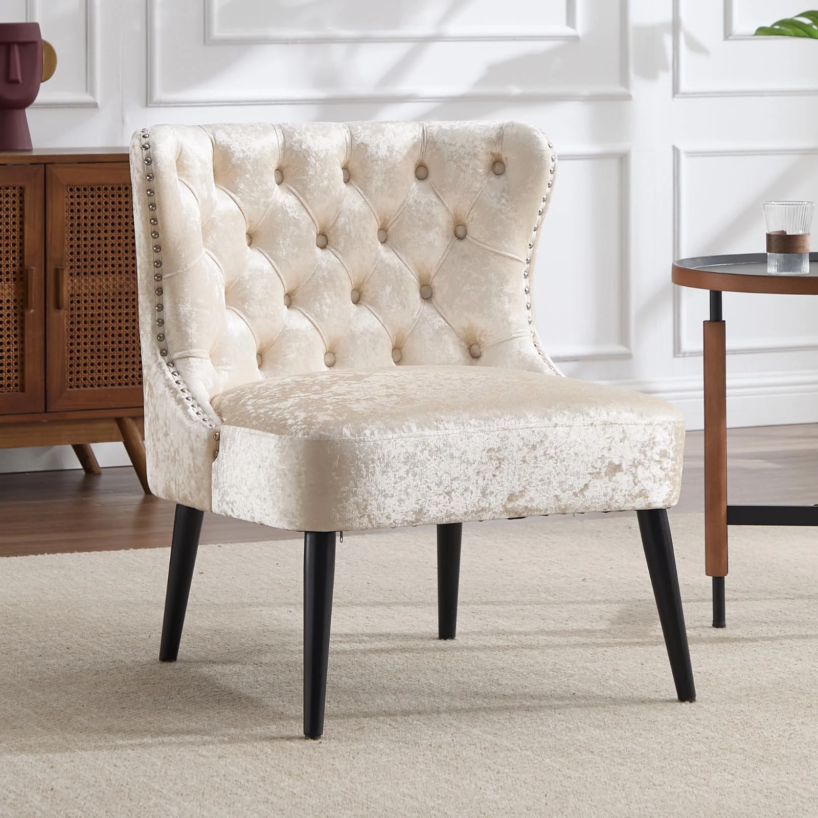 chairus Mid Century Accent Chair Velvet Occasional Longue Chair with Wooden Legs Upholstered Single Chair for Living Room (Beige)