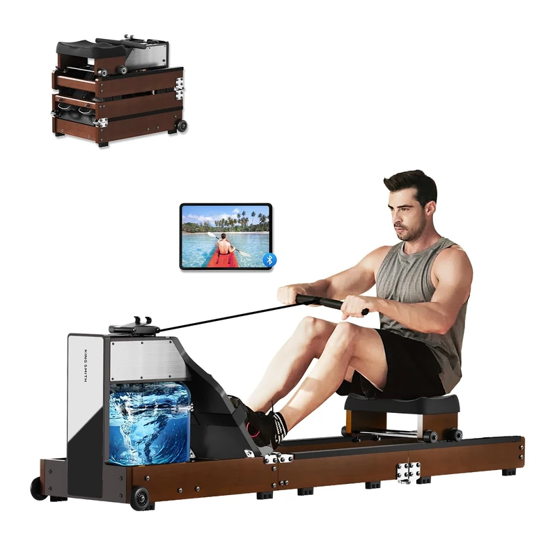 Rowing Machine for Home Gym, Double Water Resistance and Magnetic Resistance Rower Machine with 32 Levels Resistance,Triple Folding Rowing Machine, 150 kg Weight Capacity, App Compatible Walnut