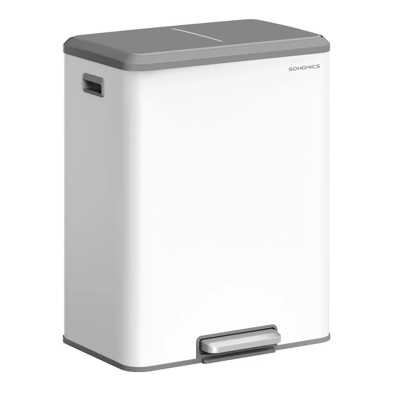 SONGMICS Kitchen Bin, 2 x 8 Gal. (2 x 30 L) Double Rubbish Bin for Recycling and Waste, Inner Buckets, Stainless Steel, Soft-Close Lid, Wide Sturdy Pedal, Cloud White LTB556W02