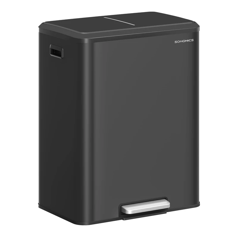 SONGMICS Kitchen Bin, 2 x 8 Gal. (2 x 30 L) Double Rubbish Bin for Recycling and Waste, Inner Buckets, Stainless Steel, Soft-Close Lid, Wide Sturdy Pedal, Ink Black LTB556B02