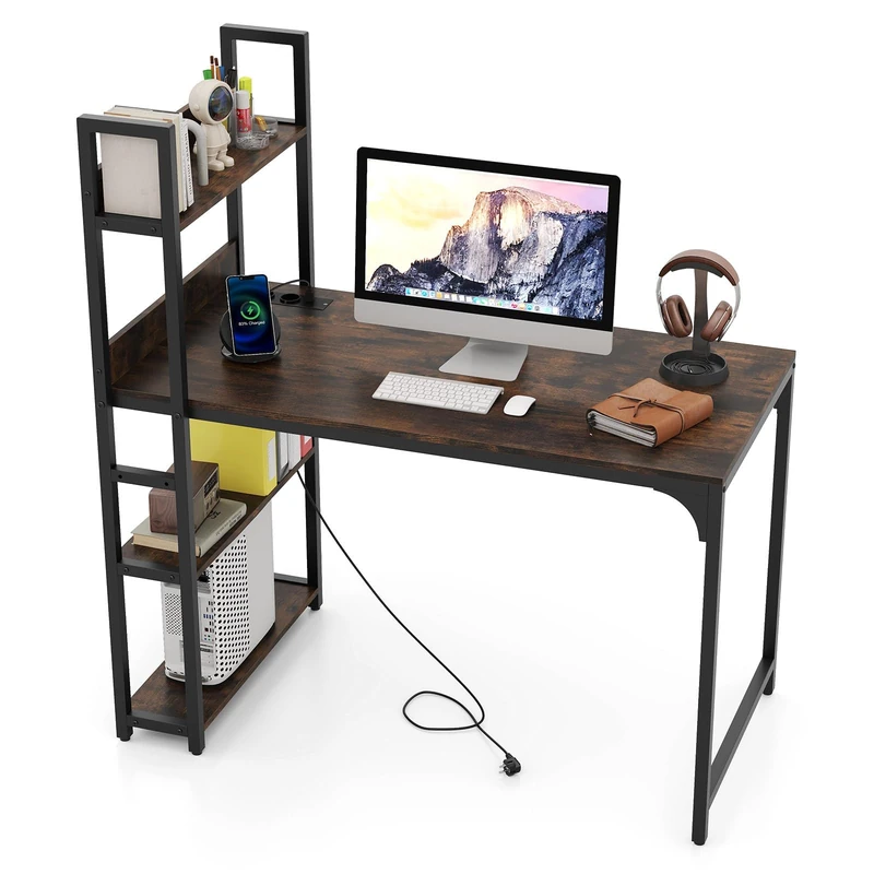 FANTASK 120 x 65 cm Desk with Open Bookcase, Computer Desk with Open Bookshelf & Metal Frame & USB & Socket, PC Table, Wooden Office Table for Office & Living Room (Brown)