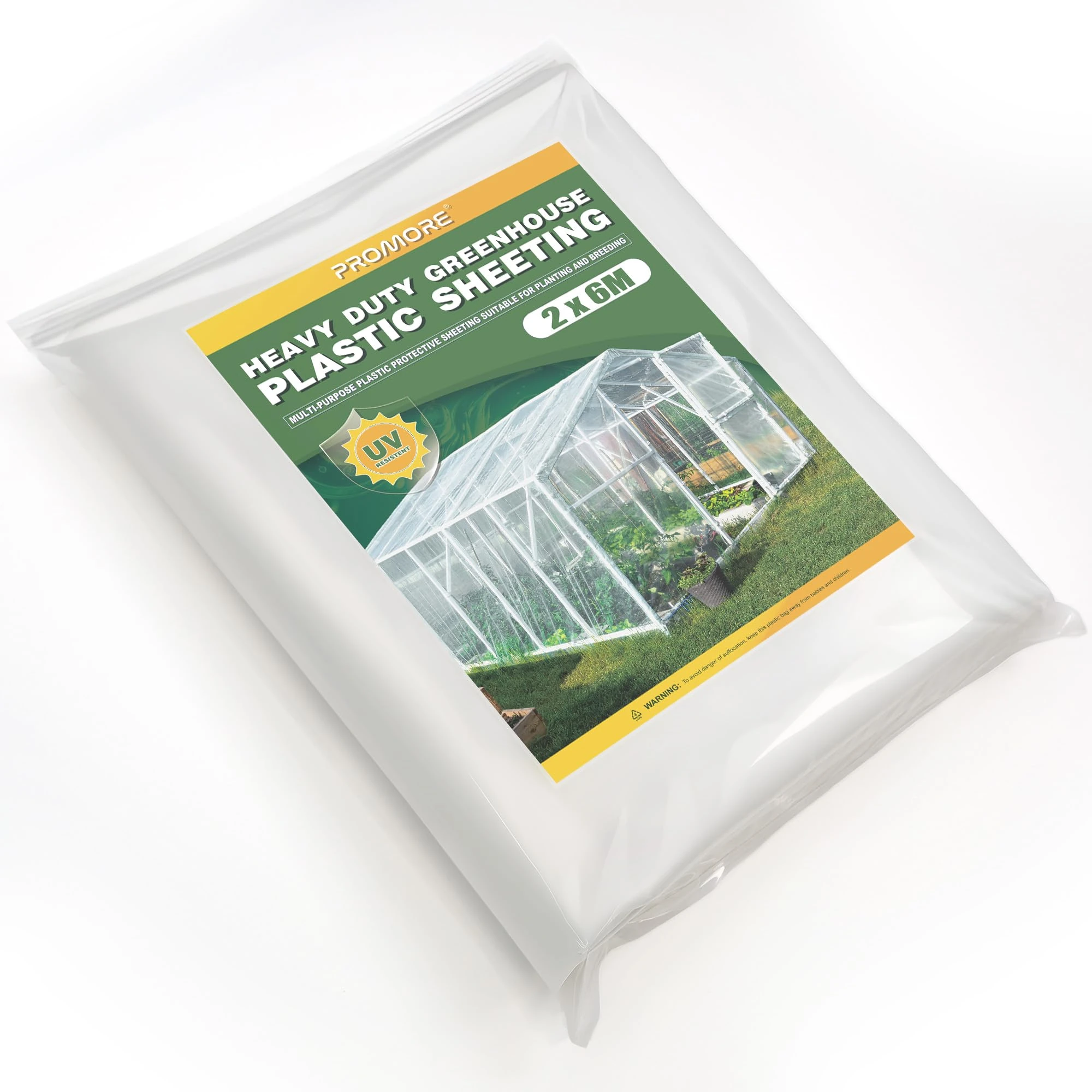 PROMORE 2 x 6M Clear Polythene Sheeting, UV-Resistant 150Mu/600G Extra Thick Plastic Polytunnel Cover Sheets Waterproof Garden Grow Horticultural Membrane for Insulation Building Rubble Protection