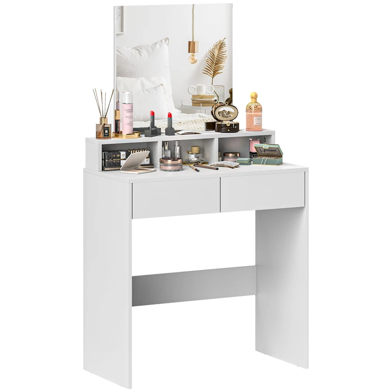 HOMCOM Dressing Table with Mirror, Makeup Table with 2 Drawers and 3 Compartments, Modern Style for Bedroom, 75 x 38 x 135 cm, White