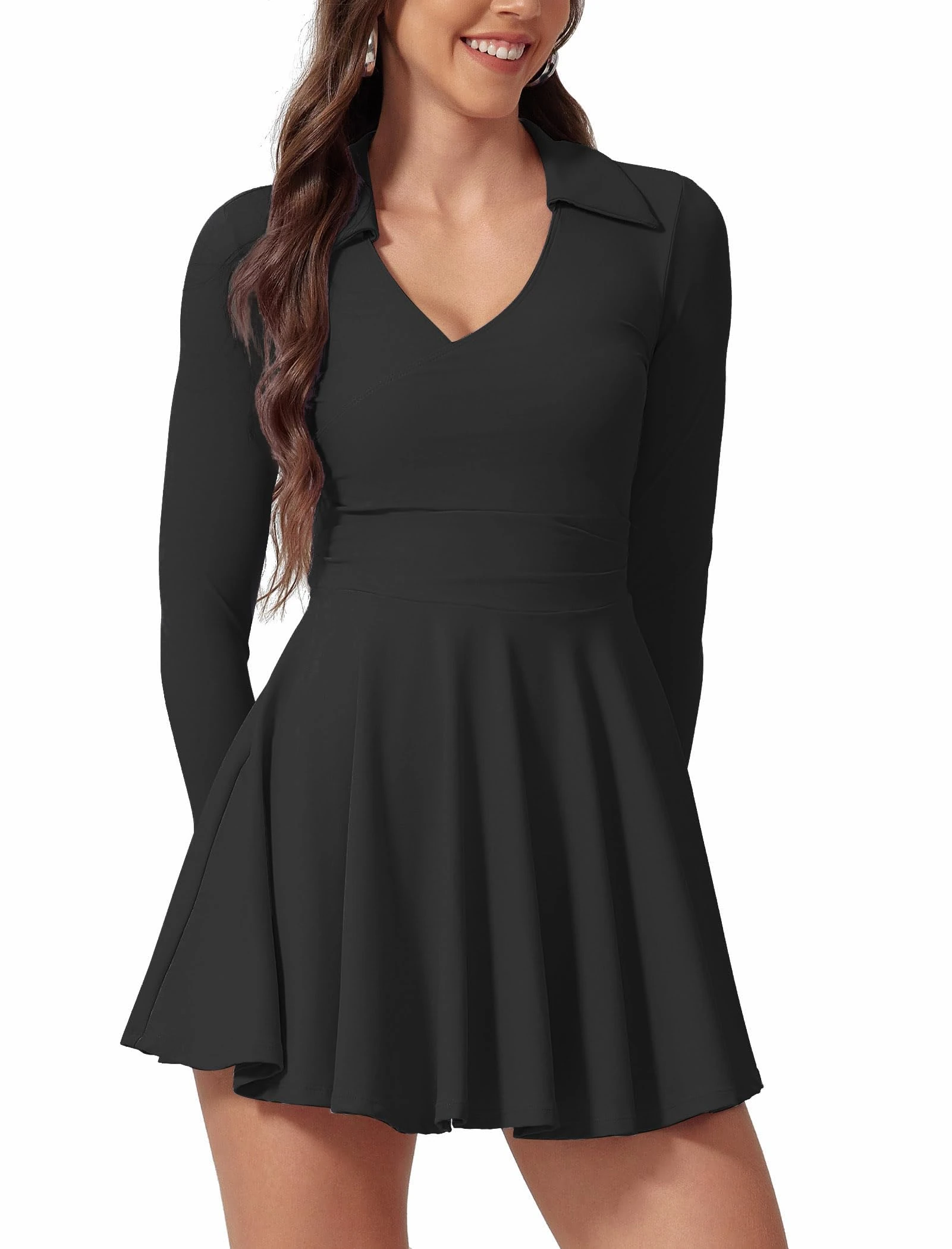 IDOPIP Tennis Dress Women's Long Sleeve Golf Dresses with Integrated Bra and Shorts Sexy Summer Dresses Mini Dress V-Neck Polo Dress with Pocket Tennis Skirt Sports Suit for Workout Yoga, black, M
