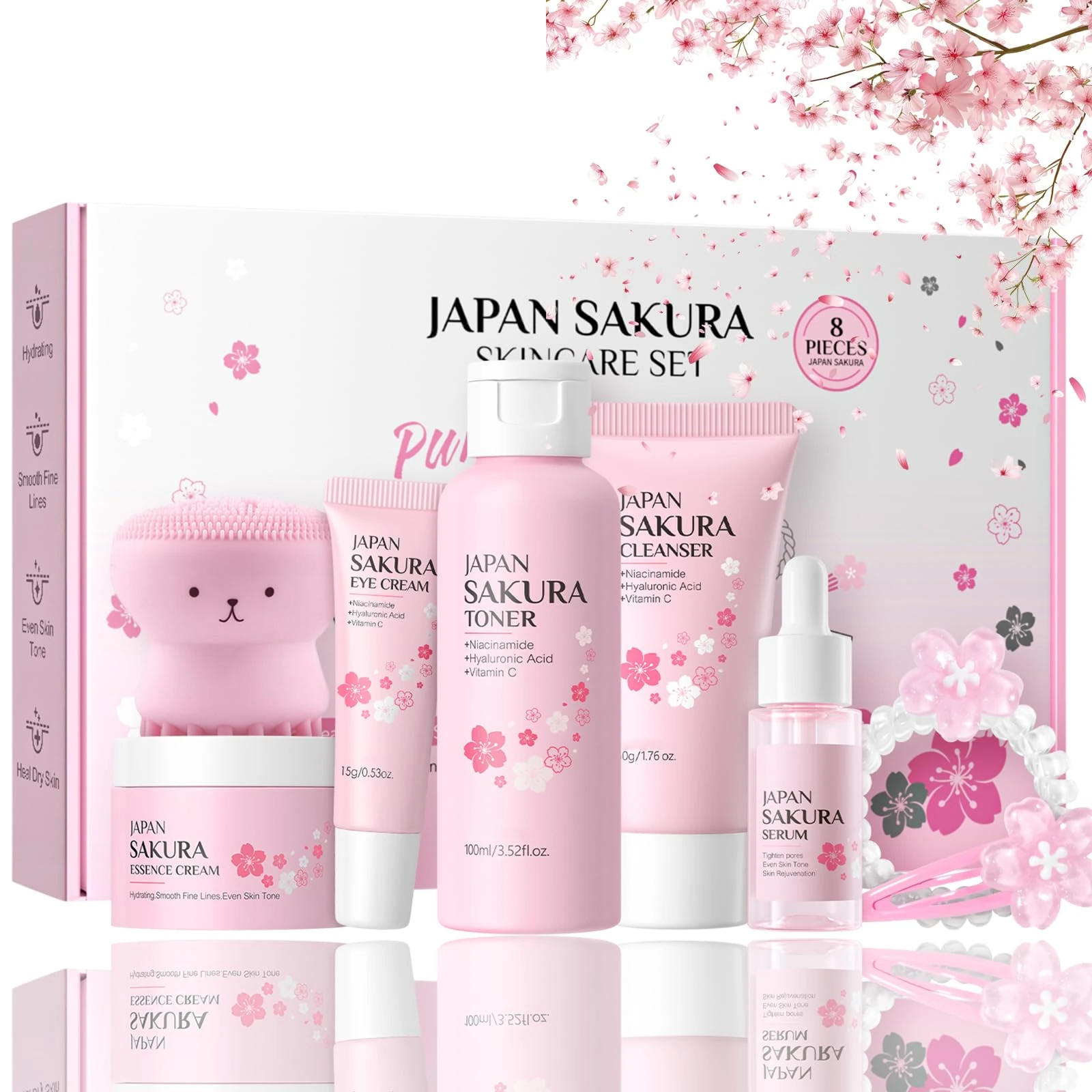 8PCS Sakura Skin Care Sets & Kits, Skincare Set for Teenagers Girls, Teenage Girls Gifts - Cleanser, Serum, Eye Cream, Face Cream, Toner, Facial Cleansing Brush, Hair Clip & Hair Tie, Girls Pamper Set