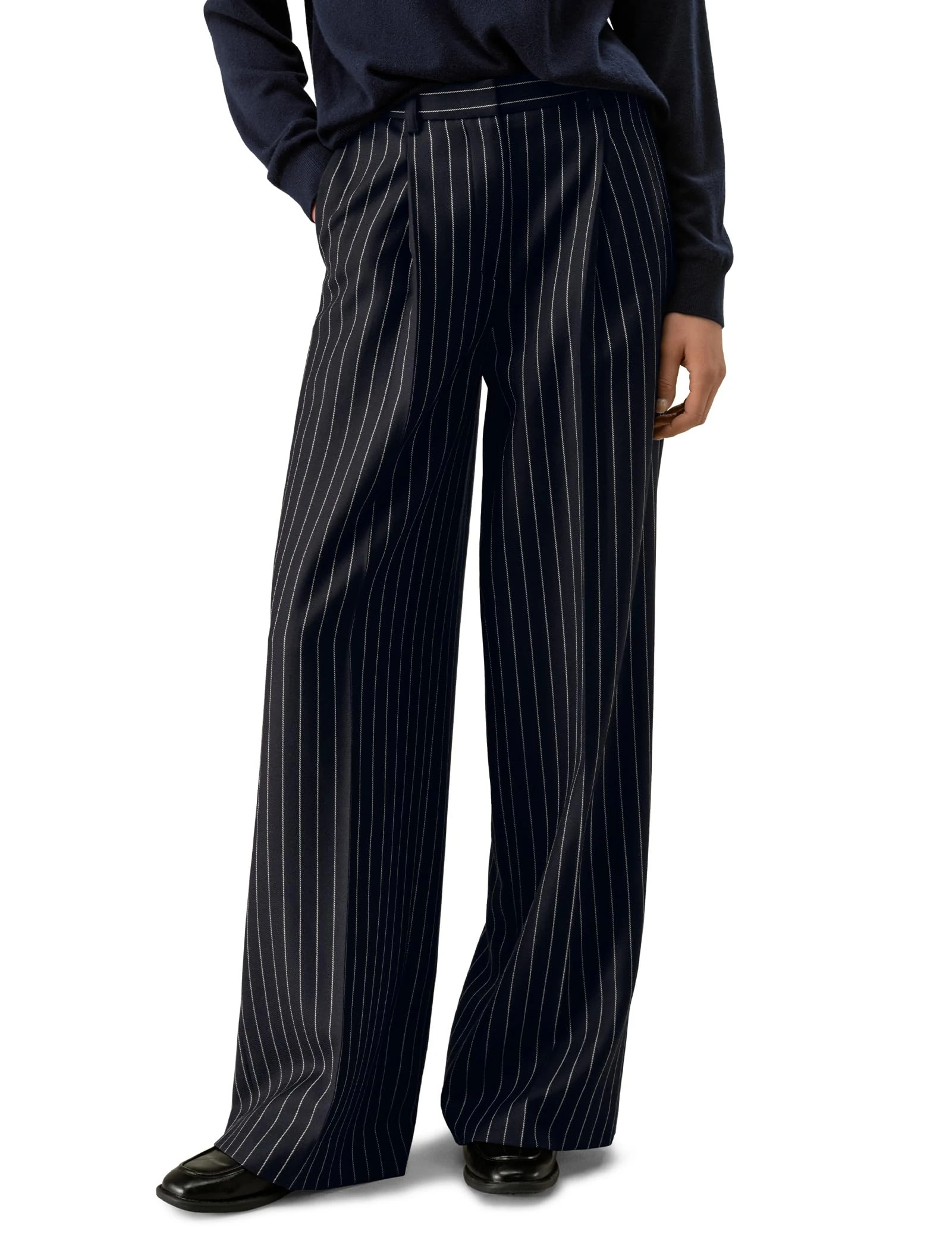 LilySilk Silk Cashmere Blends Womens Trousers Ladies Work Pants with Full Length and Wide Leg Pants for Women Business Casual Style Navy White Pinstripe UK20