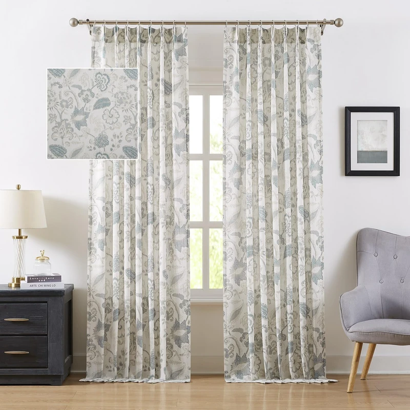 Kayne Studio Floral Leaf Print Light Filtering Curtains Blue Grey Botanical Leaf Flower Farmhouse Drapes Semi Sheer Window Treatment Set for Living Room Bedroom Pinch Pleated BackTab,40"x90",2 Panels