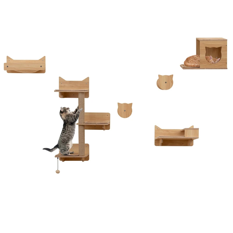 GYMAX 6PCS Wall Mounted Cat Tree, Cat Wall Shelves with Hammock, Food Water Bowl, Sisal Steps, Scratching Posts & Hanging Toy, Wooden Cats Wall Furniture Set for Indoor Cats